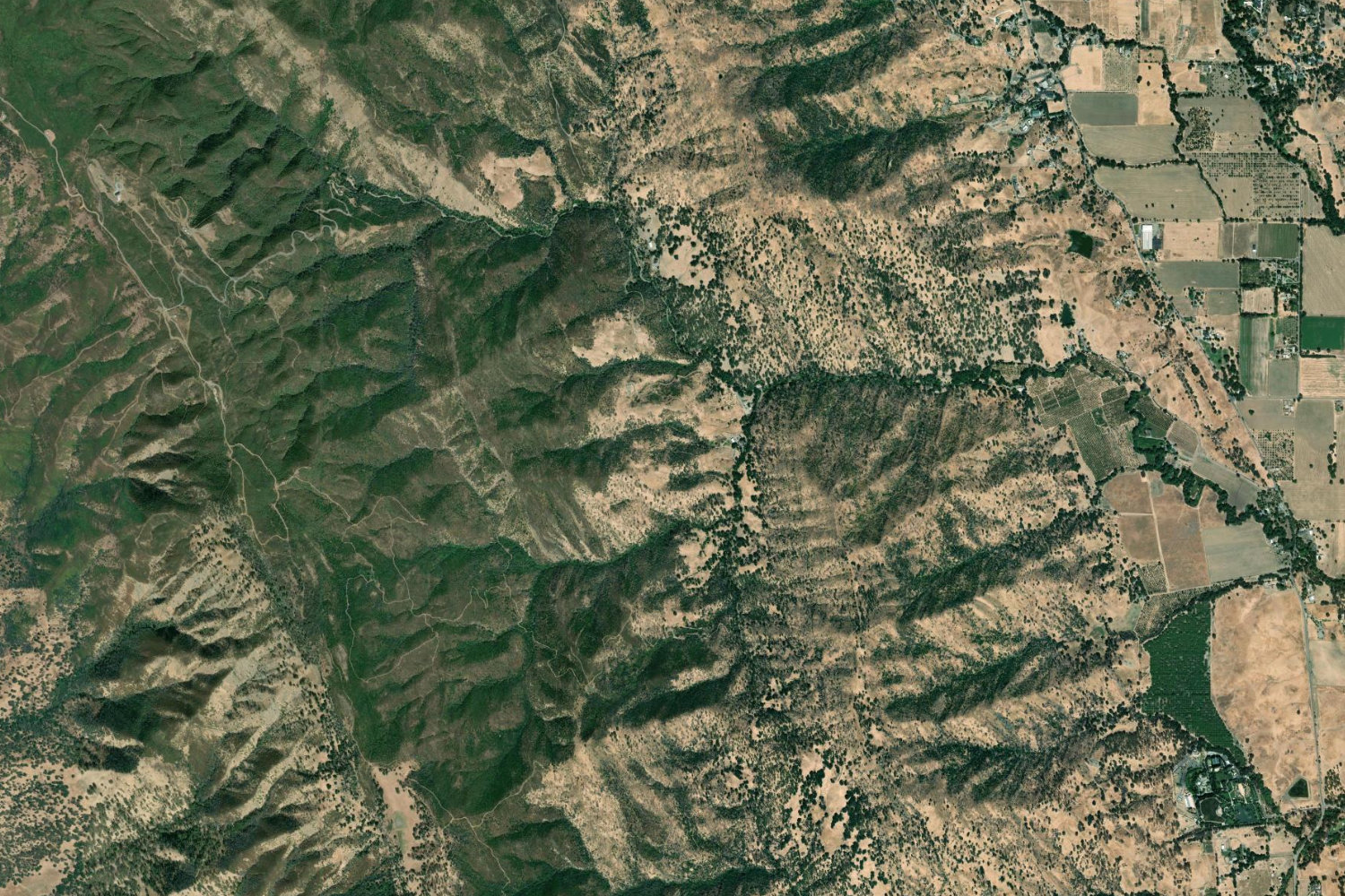 Satellite view of the Vaca Mountains foothills surrounding 7094 Bucktown Lane, showing the rolling-hills ranchland the parcel sits within, with the Vacaville agricultural valley to the east